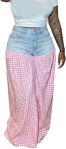 ThusFar Women's Checkered Patchwork Wide Leg Jeans High Waisted Plaid Stretchy Gingham Loose Denim Pants Casual Trouser in Saudi Arabia