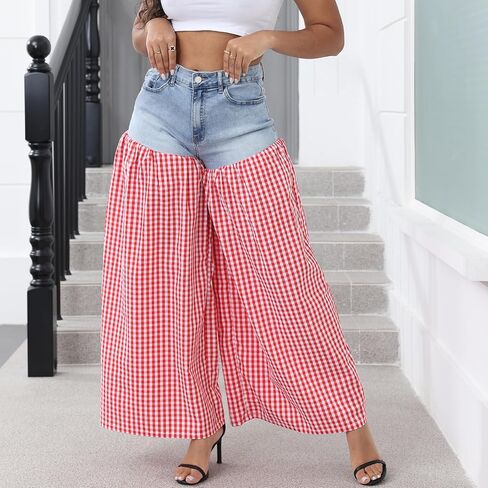 ThusFar Women's Checkered Patchwork Wide Leg Jeans High Waisted Plaid Stretchy Gingham Loose Denim Pants Casual Trouser in Saudi Arabia