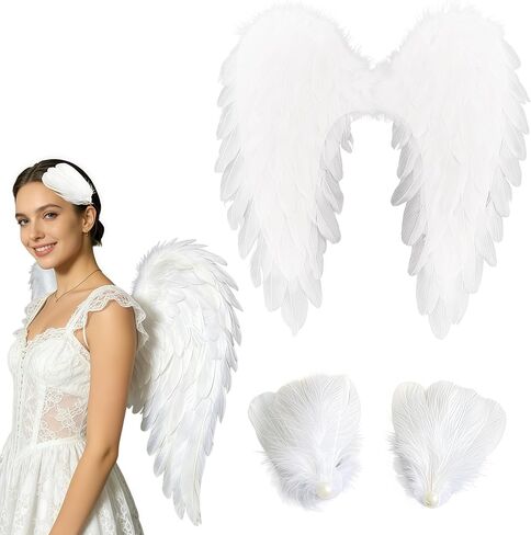 3Pcs White Angel/Swan Costume Set for Women，Lifelike Feather Fairy Angel Wings & 2 Pcs Feather Hair Clips - Adjustable Straps for Adults Halloween Christmas Cosplay Party Prom in Saudi Arabia