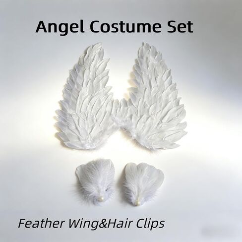 3Pcs White Angel/Swan Costume Set for Women，Lifelike Feather Fairy Angel Wings & 2 Pcs Feather Hair Clips - Adjustable Straps for Adults Halloween Christmas Cosplay Party Prom in Saudi Arabia