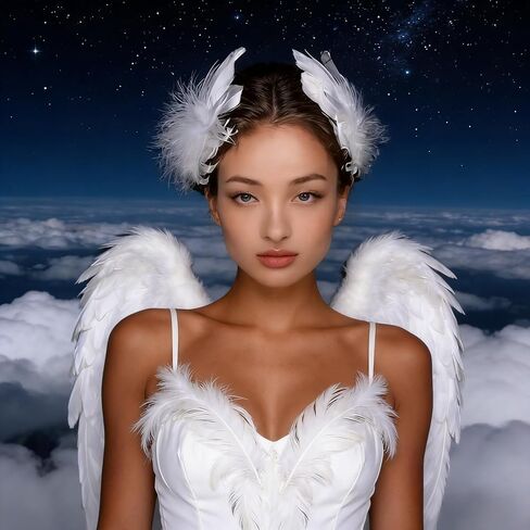 3Pcs White Angel/Swan Costume Set for Women，Lifelike Feather Fairy Angel Wings & 2 Pcs Feather Hair Clips - Adjustable Straps for Adults Halloween Christmas Cosplay Party Prom in Saudi Arabia