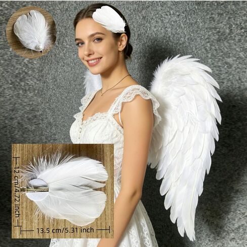 3Pcs White Angel/Swan Costume Set for Women，Lifelike Feather Fairy Angel Wings & 2 Pcs Feather Hair Clips - Adjustable Straps for Adults Halloween Christmas Cosplay Party Prom in Saudi Arabia