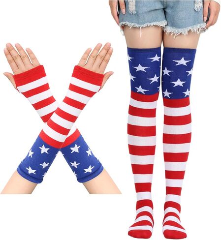 CBLUO 4th Of July Patriotic Striped Stockings Gloves Red Blue White American Flag Star Socks Women Independence Day Tights Pantyhose Hosiery Leggings Festival Cosplay Dress Up Birthday Party Supplies in Saudi Arabia