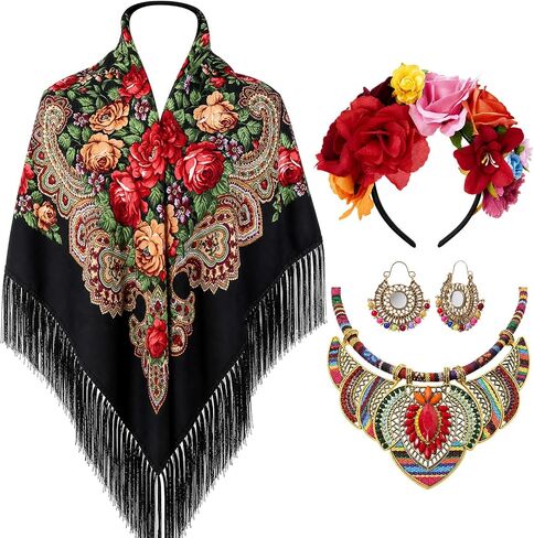 5 Pcs Boho Vintage Costume Set - Mexican Women's Traditional Scarf Wrap Tassel Southwestern Headband, African Jewelry Earrings & Colorful Necklace for Women's Festive Outfits in Saudi Arabia