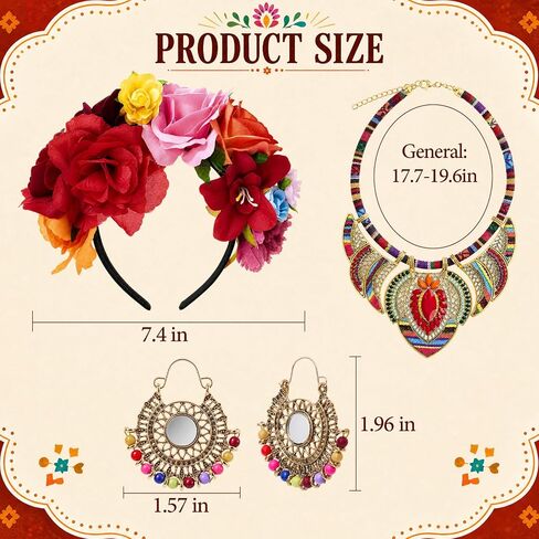 5 Pcs Boho Vintage Costume Set - Mexican Women's Traditional Scarf Wrap Tassel Southwestern Headband, African Jewelry Earrings & Colorful Necklace for Women's Festive Outfits in Saudi Arabia