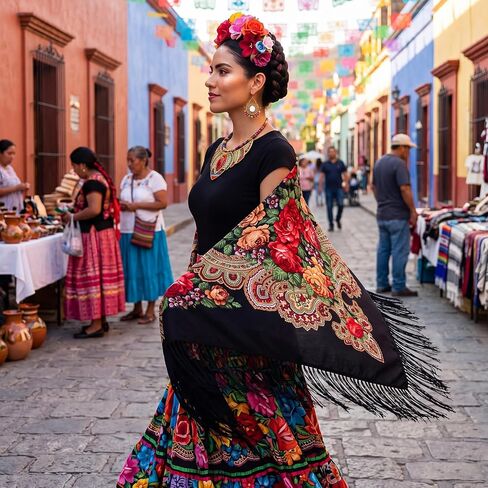 5 Pcs Boho Vintage Costume Set - Mexican Women's Traditional Scarf Wrap Tassel Southwestern Headband, African Jewelry Earrings & Colorful Necklace for Women's Festive Outfits in Saudi Arabia