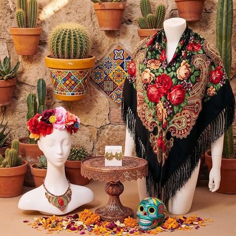 5 Pcs Boho Vintage Costume Set - Mexican Women's Traditional Scarf Wrap Tassel Southwestern Headband, African Jewelry Earrings & Colorful Necklace for Women's Festive Outfits in Saudi Arabia