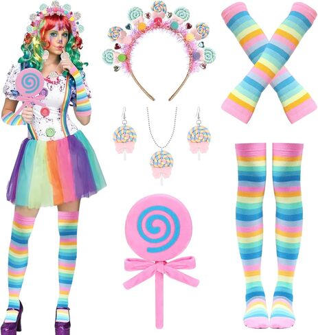 9 PCS Galentine's Day Candyland Costume Accessories Candy Headband Sweet Rainbow Necklace Lollipop Earrings Jombo Handheld Gloves Tights for Valentine's Day Candy Theme Cosplay Accessories in Saudi Arabia