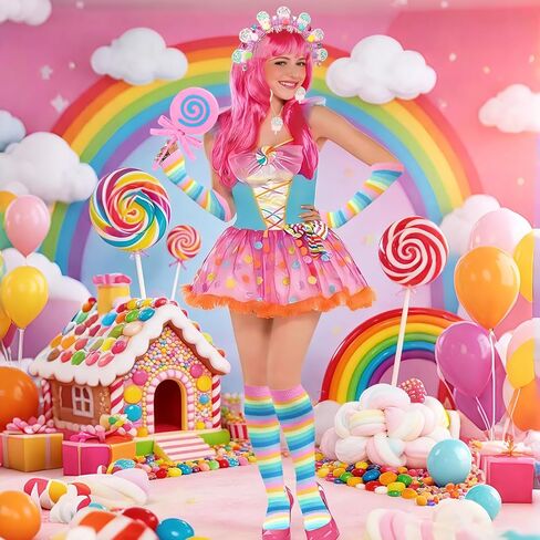 9 PCS Galentine's Day Candyland Costume Accessories Candy Headband Sweet Rainbow Necklace Lollipop Earrings Jombo Handheld Gloves Tights for Valentine's Day Candy Theme Cosplay Accessories in Saudi Arabia