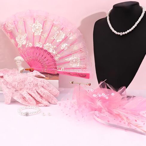 6Pcs Fascinators Hats for Girls Tea Party Hat, Lace Gloves, Fans and Pearl Set for Wedding 1920s Girls Tea Party Accessories in Saudi Arabia
