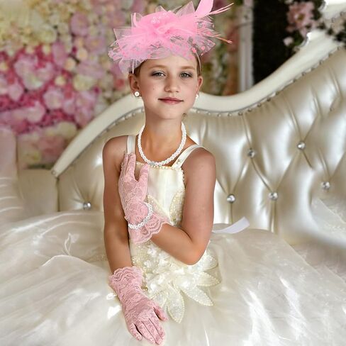 6Pcs Fascinators Hats for Girls Tea Party Hat, Lace Gloves, Fans and Pearl Set for Wedding 1920s Girls Tea Party Accessories in Saudi Arabia
