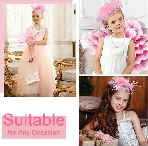 6Pcs Fascinators Hats for Girls Tea Party Hat, Lace Gloves, Fans and Pearl Set for Wedding 1920s Girls Tea Party Accessories in Saudi Arabia