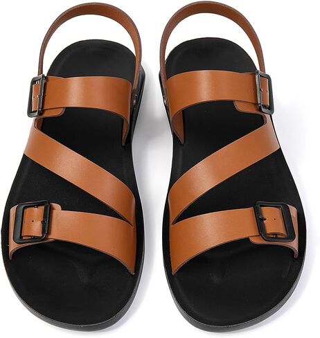 Men's Leather Buckle Casual Flat Sandals with Adjustable Dual use Ankle Straps Slip-On Beach Sandals Open Toe Non-Slip Soft Comfortable Slide Sandals in Saudi Arabia