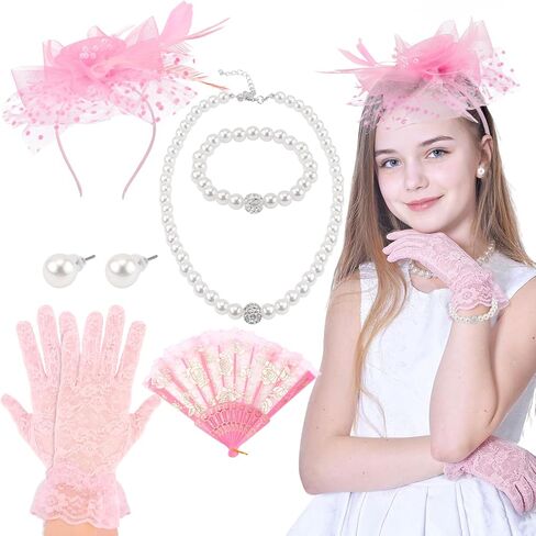6Pcs Fascinators Hats for Girls Tea Party Hat, Lace Gloves, Fans and Pearl Set for Wedding 1920s Girls Tea Party Accessories in Saudi Arabia