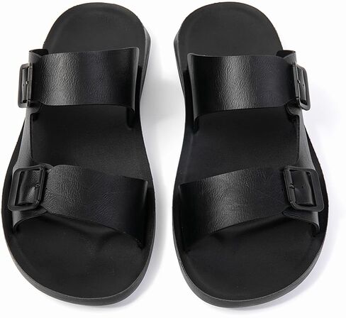 Men's Double Buckle Slide Sandals, Two Strap Footbed Sandals with Adjustable Buckles, Black Sole in Saudi Arabia
