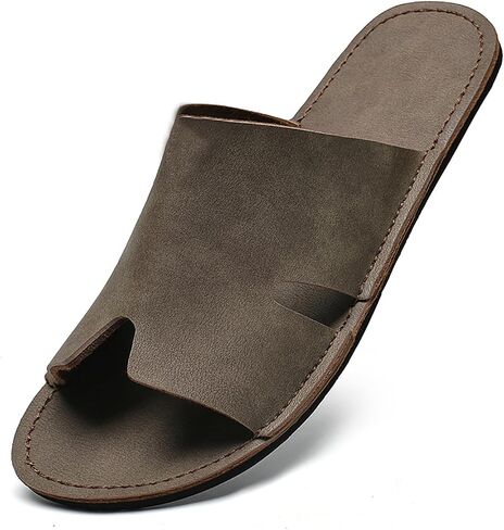 Men'S Genuine Leather Flat Slides Sandals Fashion Round Open Toe Slip On Soft Bottom Beach Sandals Summer Casual Vacation Parties Slippers in Saudi Arabia