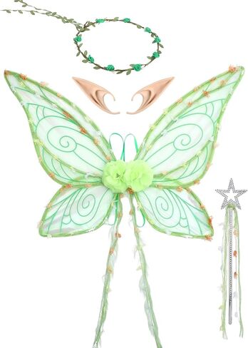RENEMEGO Fairy Wings Costume- 4 PCS Butterfly Wings with Tassel Elf Ears Flower Crown Star Wand Renaissance Accessories in Saudi Arabia