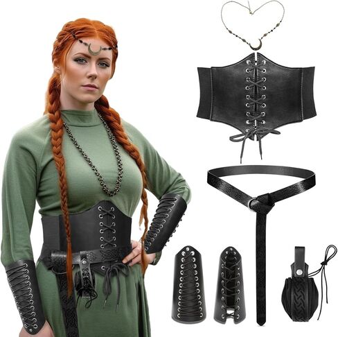 Vegove Women Medieval Viking Costume Accessories, Renaissance Fairy Corset Arm Bracer Belt Head Chain Kit for Halloween in Saudi Arabia