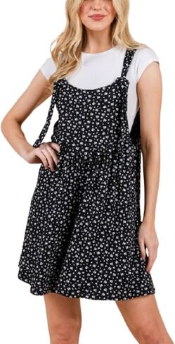 Womens Casual Floral Overall Romper Sweet Vintage Black White Polka Dot Mini Dress Playsuit Layered Set in Saudi Arabia