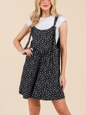 Womens Casual Floral Overall Romper Sweet Vintage Black White Polka Dot Mini Dress Playsuit Layered Set in Saudi Arabia