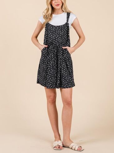 Womens Casual Floral Overall Romper Sweet Vintage Black White Polka Dot Mini Dress Playsuit Layered Set in Saudi Arabia