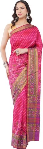 Aarlon Women’s Dola Silk Magenta Saree with Unstitched Blouse Piece Diagonal Stripes and Patola Motifs in Kuwait
