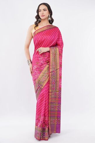 Aarlon Women’s Dola Silk Magenta Saree with Unstitched Blouse Piece Diagonal Stripes and Patola Motifs in Kuwait