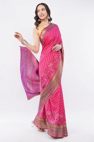 Aarlon Women’s Dola Silk Magenta Saree with Unstitched Blouse Piece Diagonal Stripes and Patola Motifs in Kuwait
