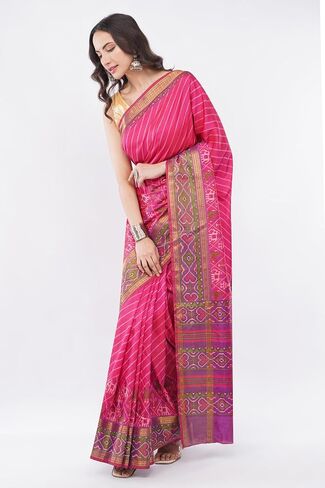 Aarlon Women’s Dola Silk Magenta Saree with Unstitched Blouse Piece Diagonal Stripes and Patola Motifs in Kuwait