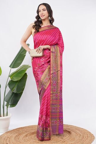 Aarlon Women’s Dola Silk Magenta Saree with Unstitched Blouse Piece Diagonal Stripes and Patola Motifs in Kuwait