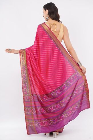 Aarlon Women’s Dola Silk Magenta Saree with Unstitched Blouse Piece Diagonal Stripes and Patola Motifs in Kuwait