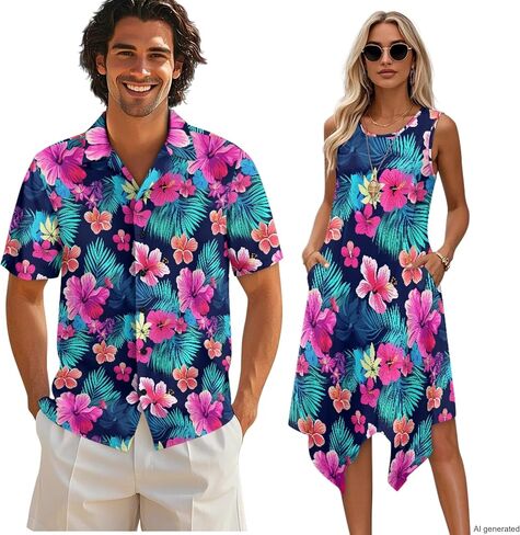 TOADDITDO Womens Sleeveless Tank Dress Mens Short Sleeve Shirts Beach Sundress with Pockets Couples Matching Hawaiian Outfit in Saudi Arabia