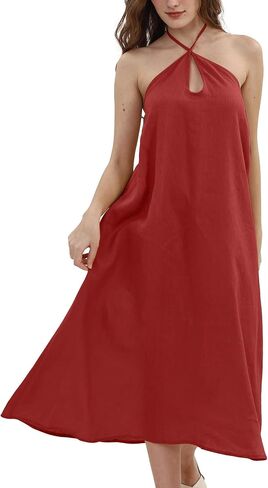 Xintianji Women's 100% Linen Sleeveless Halter Summer Casual Beach Midi Dress in Saudi Arabia