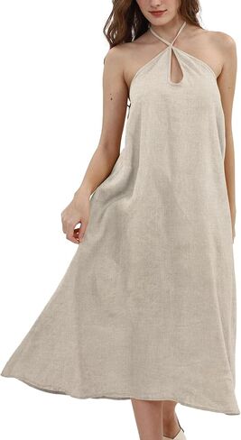 Xintianji Women's 100% Linen Sleeveless Halter Summer Casual Beach Midi Dress in Saudi Arabia