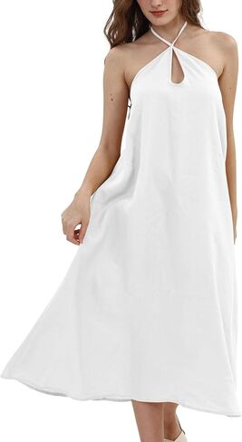 Xintianji Women's 100% Linen Sleeveless Halter Summer Casual Beach Midi Dress in Saudi Arabia