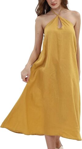 Xintianji Women's 100% Linen Sleeveless Halter Summer Casual Beach Midi Dress in Saudi Arabia