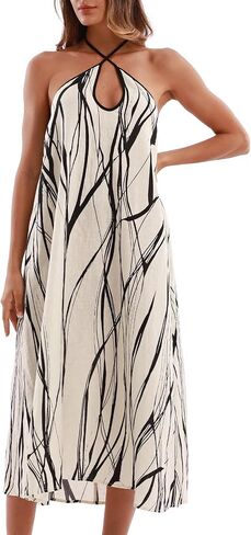 Xintianji Women's 100% Linen Sleeveless Halter Summer Casual Beach Midi Dress in Saudi Arabia