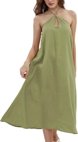 Xintianji Women's 100% Linen Sleeveless Halter Summer Casual Beach Midi Dress in Saudi Arabia