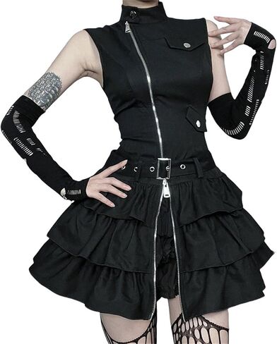 Women Cargo Punk Zipper Flare Mini Dress - Layered Buckle High Mock Neck Sleeveless Goth Style Going Out Skater in Saudi Arabia