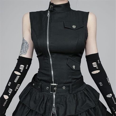 Women Cargo Punk Zipper Flare Mini Dress - Layered Buckle High Mock Neck Sleeveless Goth Style Going Out Skater in Saudi Arabia