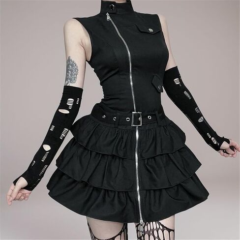 Women Cargo Punk Zipper Flare Mini Dress - Layered Buckle High Mock Neck Sleeveless Goth Style Going Out Skater in Saudi Arabia