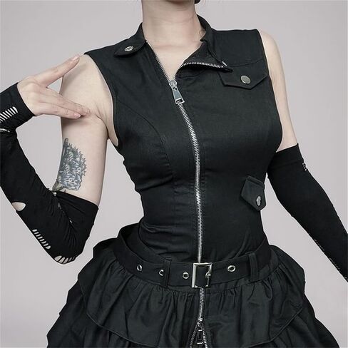 Women Cargo Punk Zipper Flare Mini Dress - Layered Buckle High Mock Neck Sleeveless Goth Style Going Out Skater in Saudi Arabia