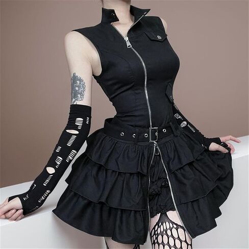 Women Cargo Punk Zipper Flare Mini Dress - Layered Buckle High Mock Neck Sleeveless Goth Style Going Out Skater in Saudi Arabia
