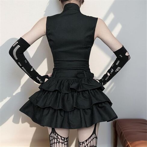 Women Cargo Punk Zipper Flare Mini Dress - Layered Buckle High Mock Neck Sleeveless Goth Style Going Out Skater in Saudi Arabia