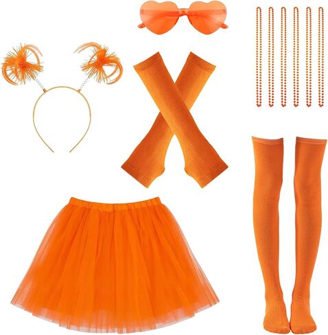 Xerteam 80s Orange Tutu Costume Accessories for Women, Layered Tulle Tutu Skirt Set with Headband, Sunglasses, Necklace, Gloves, Knee High Socks for Halloween Party Cosplay Dance Running in Saudi Arabia