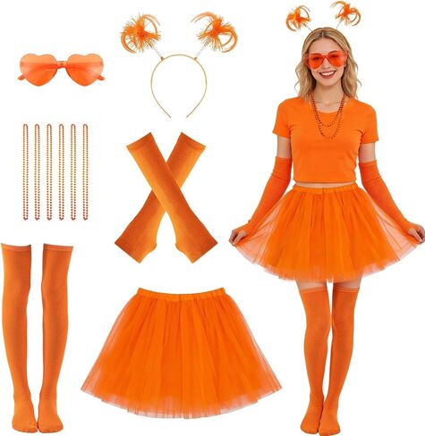 Xerteam 80s Orange Tutu Costume Accessories for Women, Layered Tulle Tutu Skirt Set with Headband, Sunglasses, Necklace, Gloves, Knee High Socks for Halloween Party Cosplay Dance Running in Saudi Arabia
