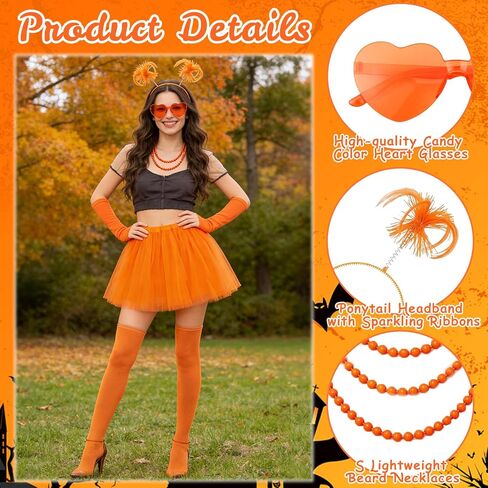 Xerteam 80s Orange Tutu Costume Accessories for Women, Layered Tulle Tutu Skirt Set with Headband, Sunglasses, Necklace, Gloves, Knee High Socks for Halloween Party Cosplay Dance Running in Saudi Arabia