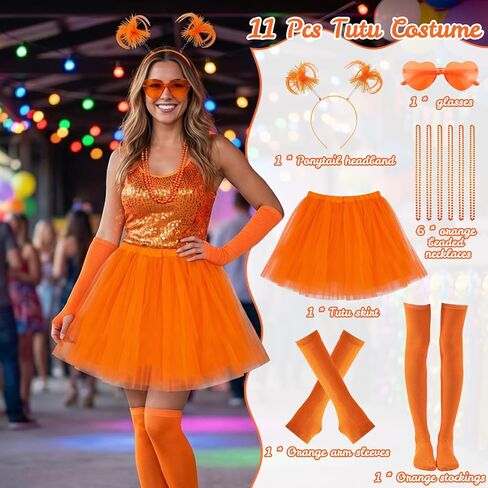 Xerteam 80s Orange Tutu Costume Accessories for Women, Layered Tulle Tutu Skirt Set with Headband, Sunglasses, Necklace, Gloves, Knee High Socks for Halloween Party Cosplay Dance Running in Saudi Arabia