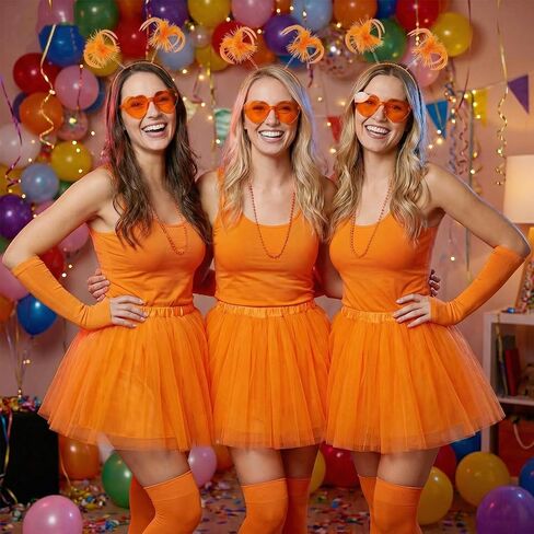 Xerteam 80s Orange Tutu Costume Accessories for Women, Layered Tulle Tutu Skirt Set with Headband, Sunglasses, Necklace, Gloves, Knee High Socks for Halloween Party Cosplay Dance Running in Saudi Arabia