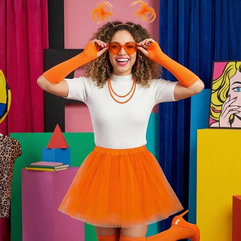 Xerteam 80s Orange Tutu Costume Accessories for Women, Layered Tulle Tutu Skirt Set with Headband, Sunglasses, Necklace, Gloves, Knee High Socks for Halloween Party Cosplay Dance Running in Saudi Arabia